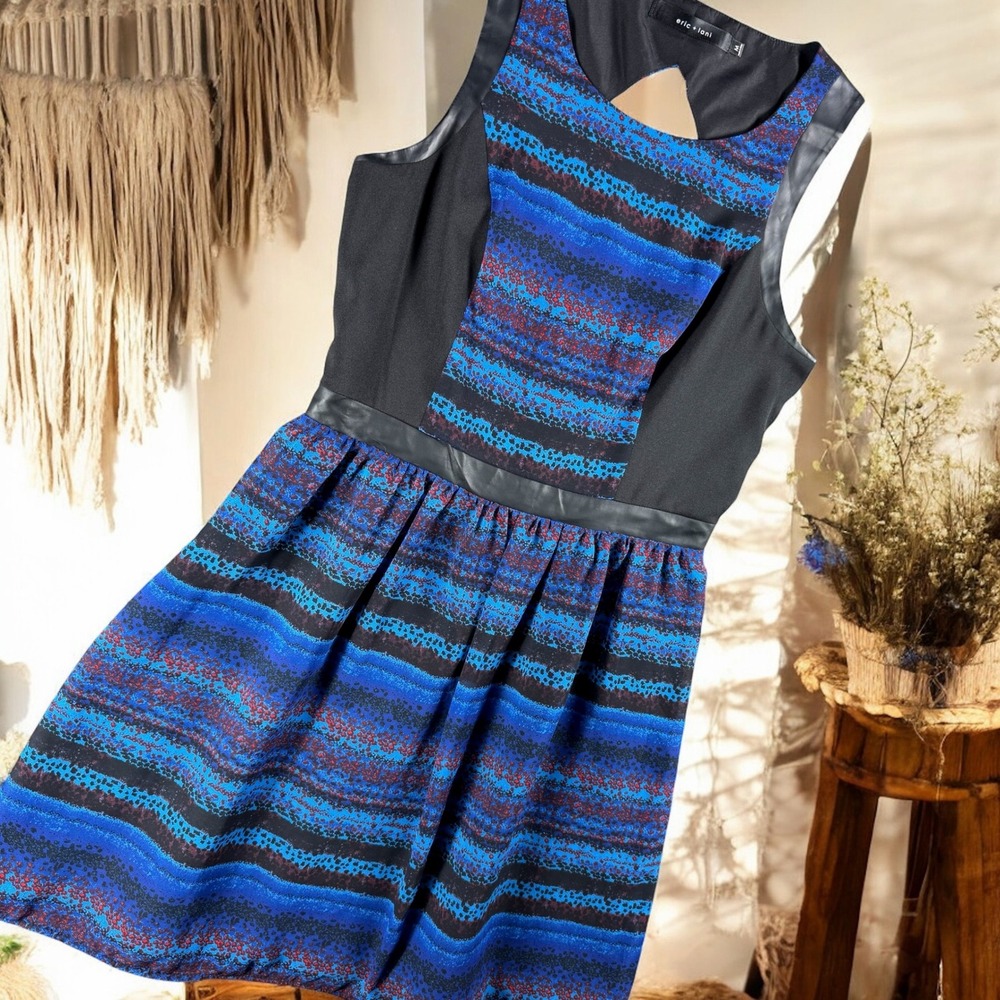 Eric Lani Dress Womens M Blue Black Abstract Print‎ Sleeveless Faux Leather Trim